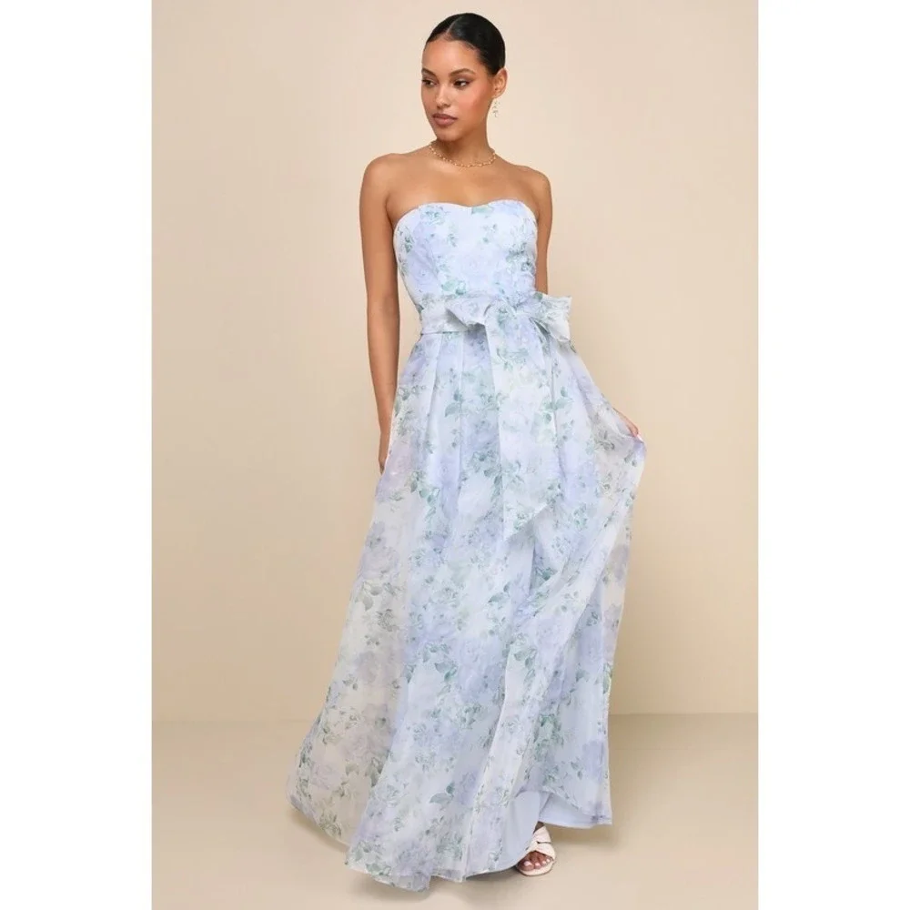 NWT Lulus Charming Sweetness Periwinkle Blue Floral Strapless Organza Maxi Dress - Picture 1 of 11